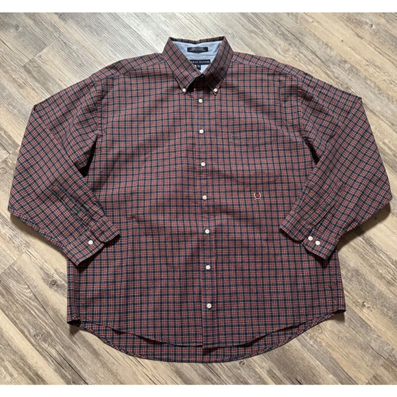 Tommy Hilfiger Shirt Men's XXL Red Blue Plaid Button Up Vtg Crest Logo Y2K - Picture 1 of 8